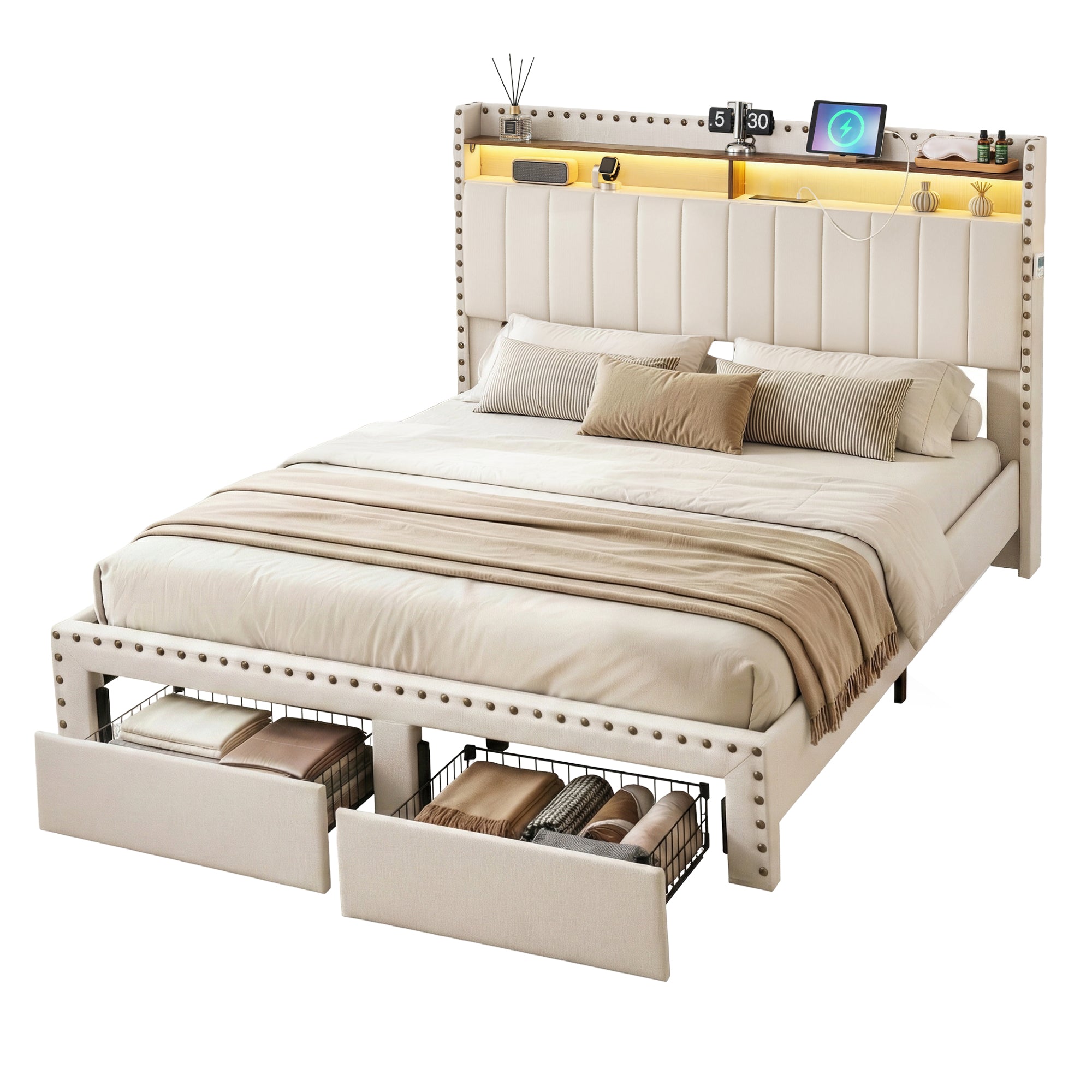 Artiss Queen Upholstered Bed Frame with Shelf Storage Drawers Charging Station Mood Lighting Linen BFRAME-G-NOUVEA-Q-BG-ABC
