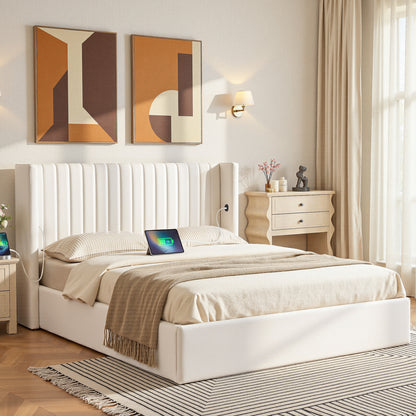 Artiss Double Bed Frame with Gaslift Storage USB Type-C Charging Ports Velvet Upholstery White BFRAME-G-RITA-D-WH-ABC