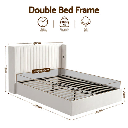 Artiss Double Bed Frame with Gaslift Storage USB Type-C Charging Ports Velvet Upholstery White BFRAME-G-RITA-D-WH-ABC