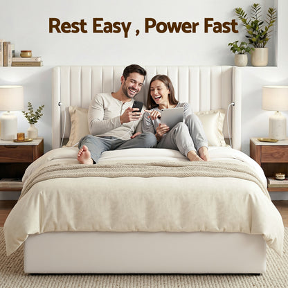Artiss Double Bed Frame with Gaslift Storage USB Type-C Charging Ports Velvet Upholstery White BFRAME-G-RITA-D-WH-ABC