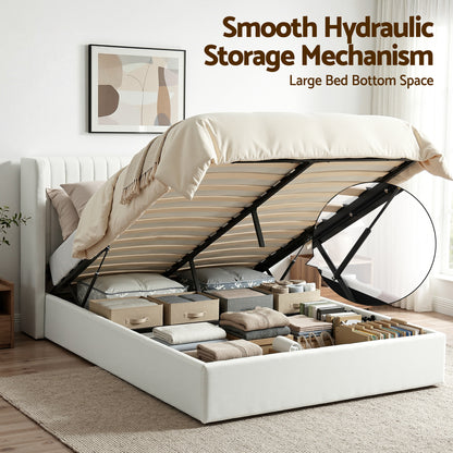 Artiss Double Bed Frame with Gaslift Storage USB Type-C Charging Ports Velvet Upholstery White BFRAME-G-RITA-D-WH-ABC