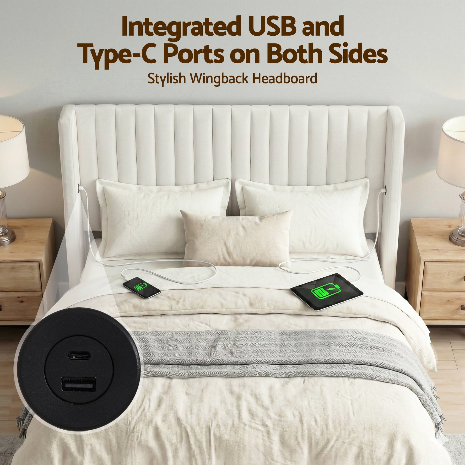 Artiss Double Bed Frame with Gaslift Storage USB Type-C Charging Ports Velvet Upholstery White BFRAME-G-RITA-D-WH-ABC
