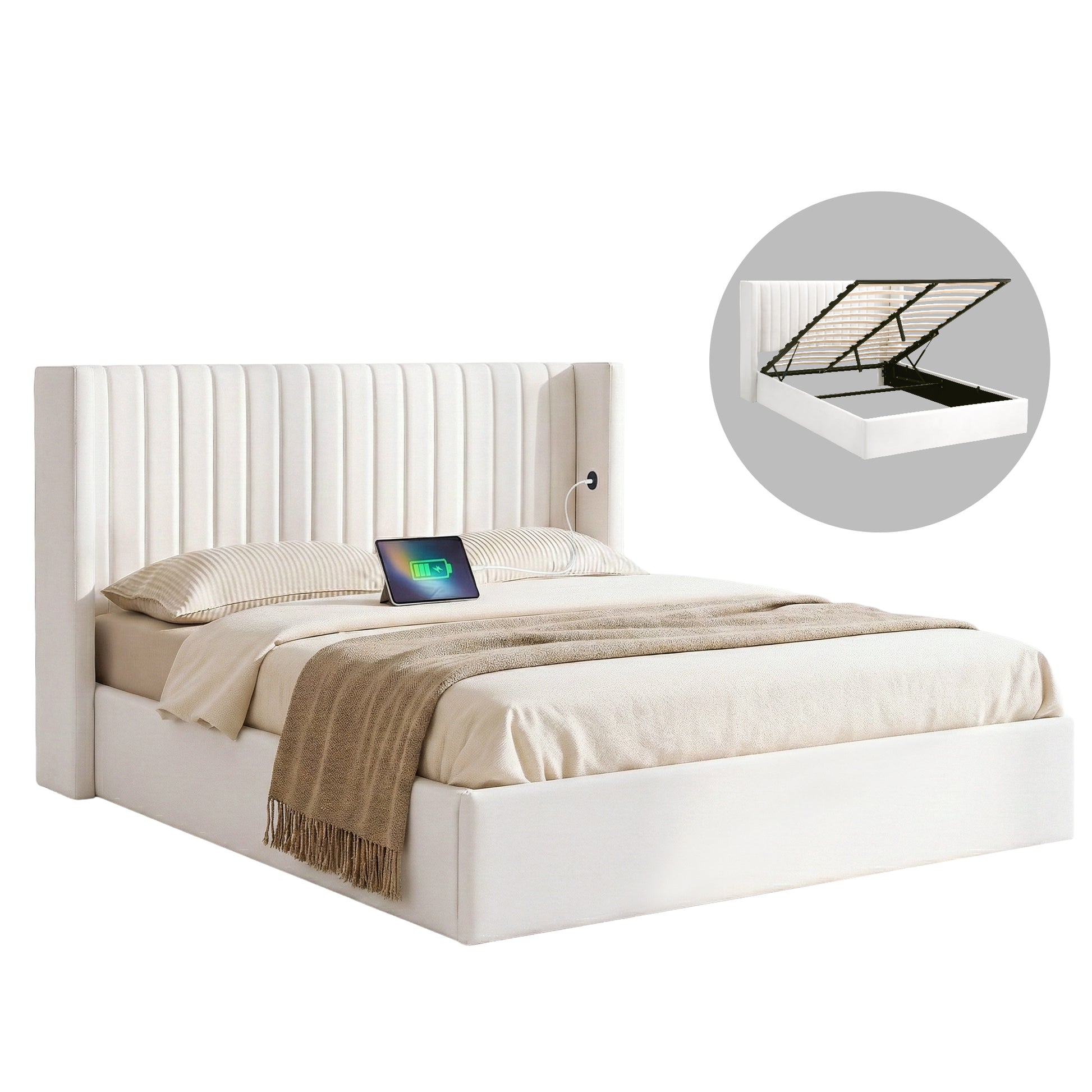 Artiss Double Bed Frame with Gaslift Storage USB Type-C Charging Ports Velvet Upholstery White BFRAME-G-RITA-D-WH-ABC