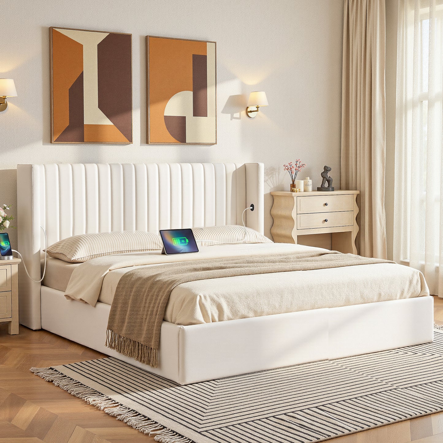 Artiss King Bed Frame with Gaslift Storage USB Type-C Charging Ports Velvet Upholstery White BFRAME-G-RITA-K-WH-ABC