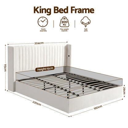 Artiss King Bed Frame with Gaslift Storage USB Type-C Charging Ports Velvet Upholstery White BFRAME-G-RITA-K-WH-ABC