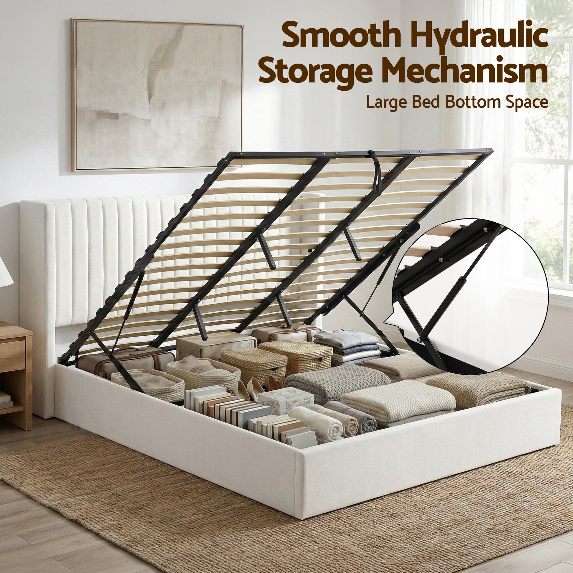 Artiss King Bed Frame with Gaslift Storage USB Type-C Charging Ports Velvet Upholstery White BFRAME-G-RITA-K-WH-ABC