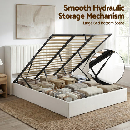 Artiss King Bed Frame with Gaslift Storage USB Type-C Charging Ports Velvet Upholstery White BFRAME-G-RITA-K-WH-ABC