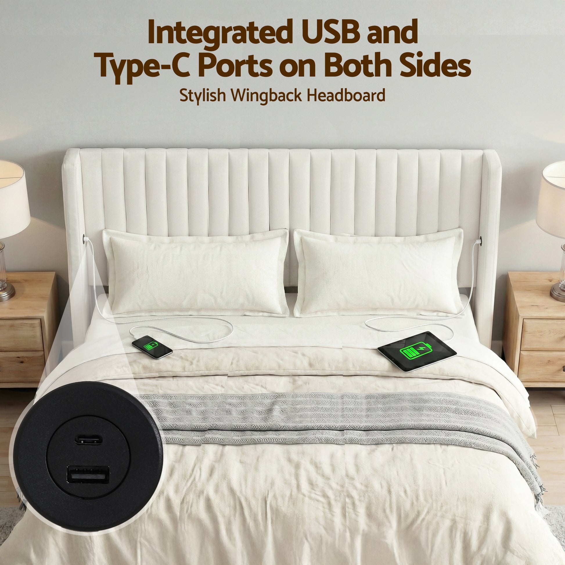 Artiss King Bed Frame with Gaslift Storage USB Type-C Charging Ports Velvet Upholstery White BFRAME-G-RITA-K-WH-ABC
