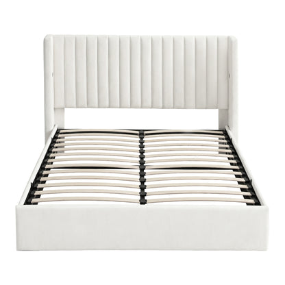 Artiss Queen Bed Frame with Gaslift Storage USB Type-C Charging Ports Velvet Upholstery White BFRAME-G-RITA-Q-WH-ABC