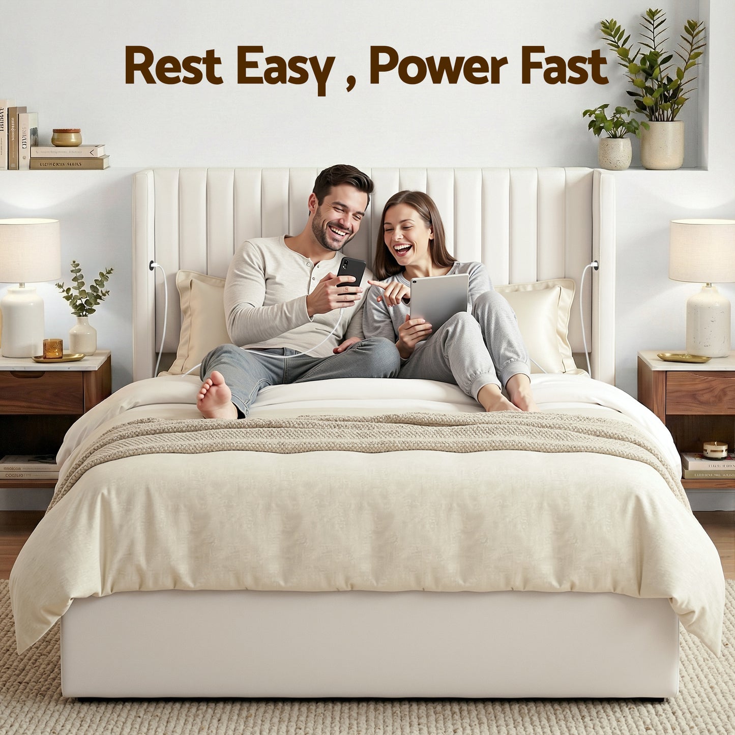 Artiss Queen Bed Frame with Gaslift Storage USB Type-C Charging Ports Velvet Upholstery White BFRAME-G-RITA-Q-WH-ABC