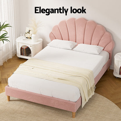Artiss Bed Frame Double Size Scallop-Shape Bedhead Beds Base Pink Velvet Fabric BFRAME-G-ROSY-D-PK-ABC