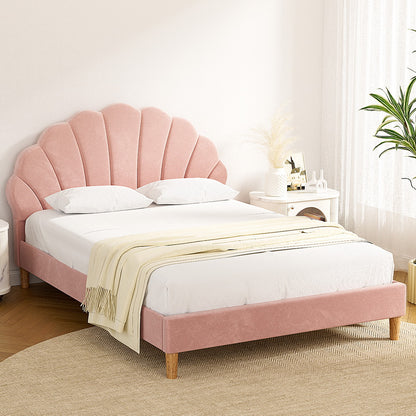 Artiss Bed Frame Double Size Scallop-Shape Bedhead Beds Base Pink Velvet Fabric BFRAME-G-ROSY-D-PK-ABC