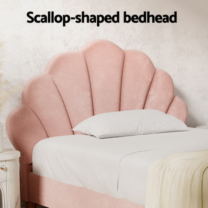 Artiss Bed Frame King Single Size Scallop-Shape Bedhead Beds Base Pink Velvet Fabric BFRAME-G-ROSY-KS-PK-AB