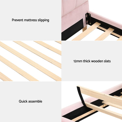 Artiss Bed Frame King Single Size Scallop-Shape Bedhead Beds Base Pink Velvet Fabric BFRAME-G-ROSY-KS-PK-AB
