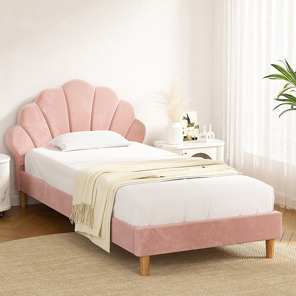 Artiss Bed Frame King Single Size Scallop-Shape Bedhead Beds Base Pink Velvet Fabric BFRAME-G-ROSY-KS-PK-AB