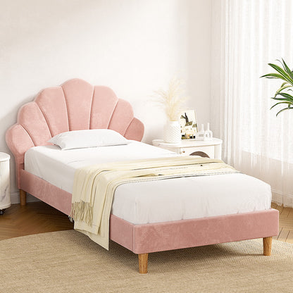 Artiss Bed Frame King Single Size Scallop-Shape Bedhead Beds Base Pink Velvet Fabric BFRAME-G-ROSY-KS-PK-AB