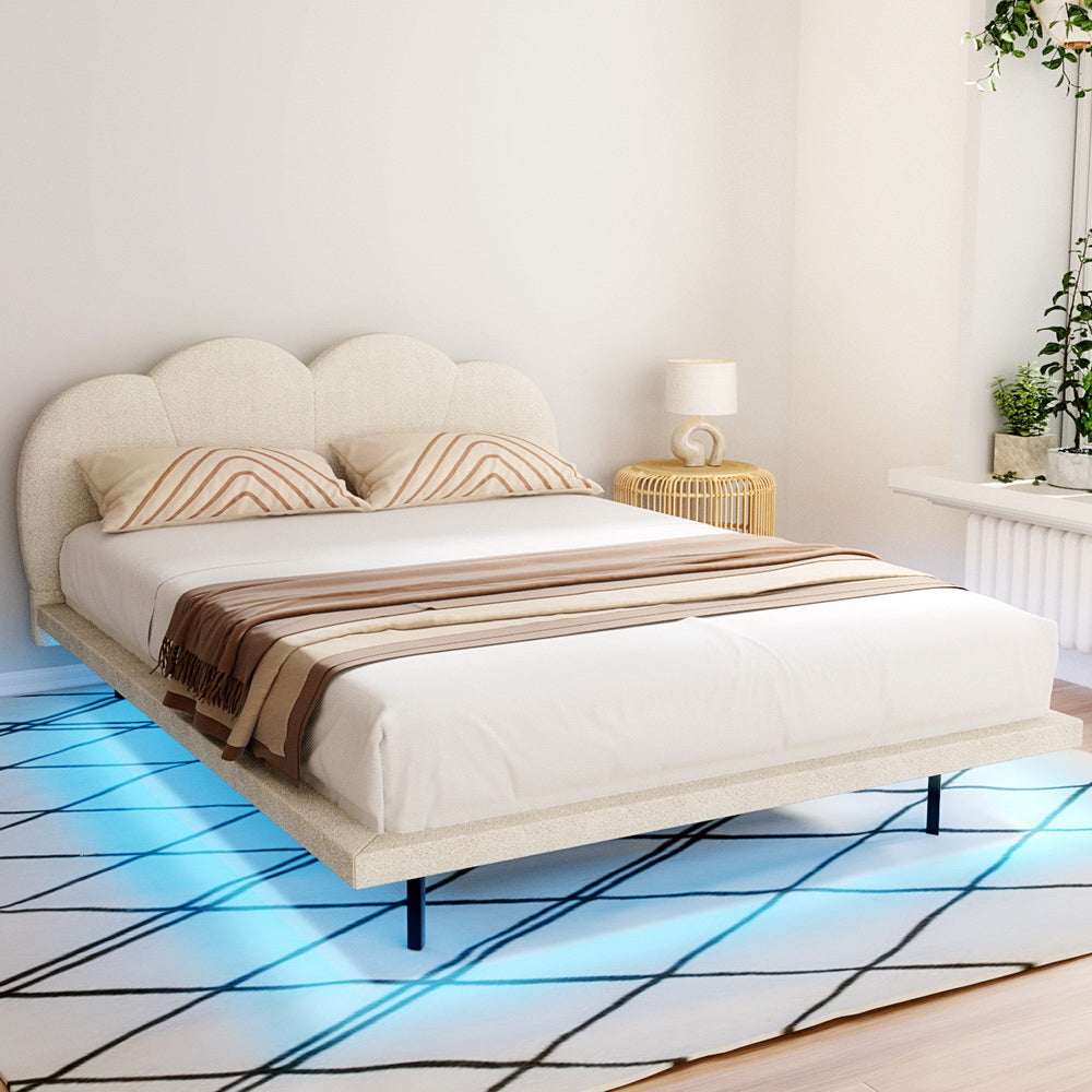 Artiss SASA Beige Queen Boucle LED Bed Frame BFRAME-G-SASA-Q-BG-AB