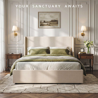 Artiss Double Upholstered Bed Frame with 3 Storage Drawers Wingback Headboard Heavy Duty Metal Platform Base BFRAME-G-SEAN-D-BG-ABCD