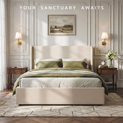 Artiss Double Upholstered Bed Frame with 3 Storage Drawers Wingback Headboard Heavy Duty Metal Platform Base
