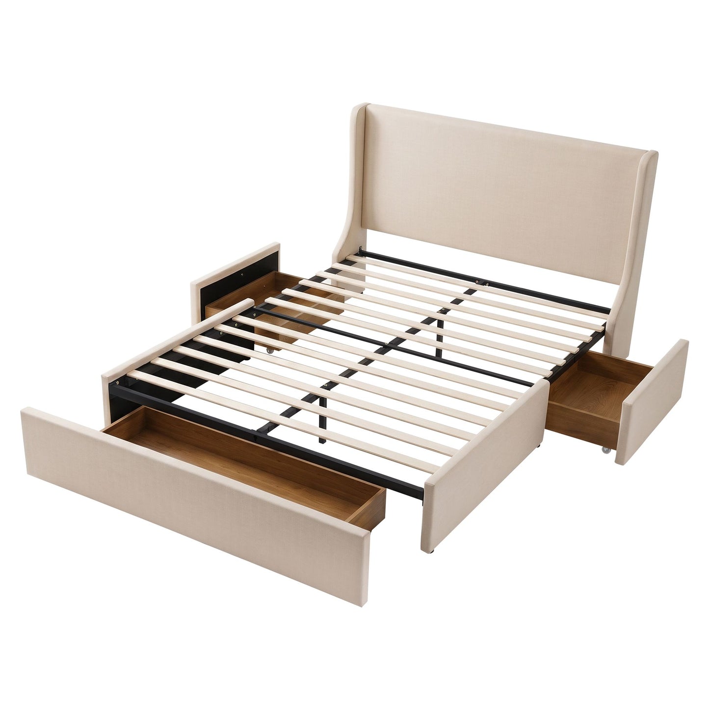 Artiss King Upholstered Bed Frame with 3 Storage Drawers Wingback Headboard Heavy Duty Metal Platform Base BFRAME-G-SEAN-K-BG-ABCD