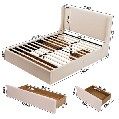 Artiss King Upholstered Bed Frame with 3 Storage Drawers Wingback Headboard Heavy Duty Metal Platform Base BFRAME-G-SEAN-K-BG-ABCD