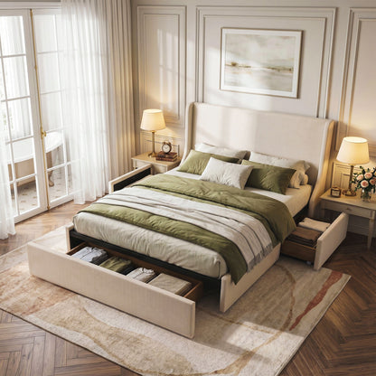 Artiss King Upholstered Bed Frame with 3 Storage Drawers Wingback Headboard Heavy Duty Metal Platform Base BFRAME-G-SEAN-K-BG-ABCD
