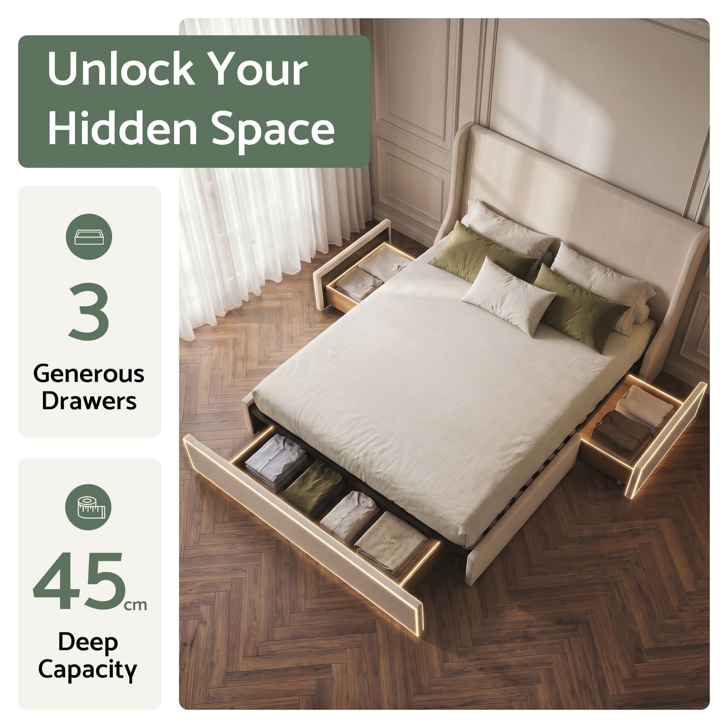Artiss Queen Upholstered Bed Frame with 3 Storage Drawers Wingback Headboard Heavy Duty Metal Platform Base BFRAME-G-SEAN-Q-BG-ABCD