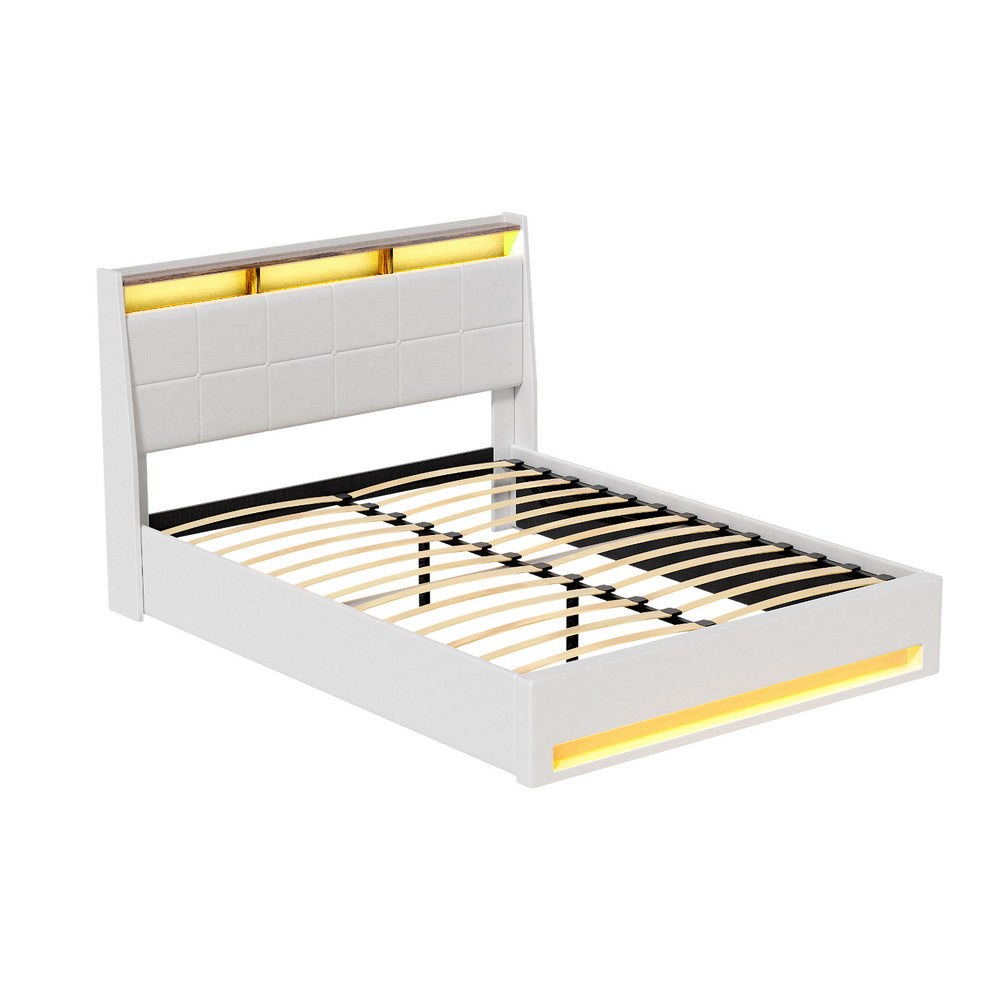 Artiss Bed Frame Gas Lift LED Beds Base Platform White PVC Leather Storage Headboard - Double BFRAME-G-SUNSET-D-WH-ABC