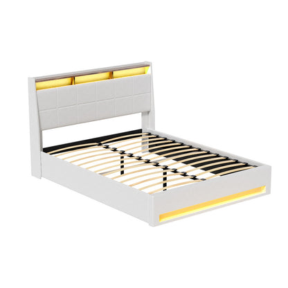 Artiss Bed Frame Gas Lift LED Beds Base Platform White PVC Leather Storage Headboard - Double BFRAME-G-SUNSET-D-WH-ABC