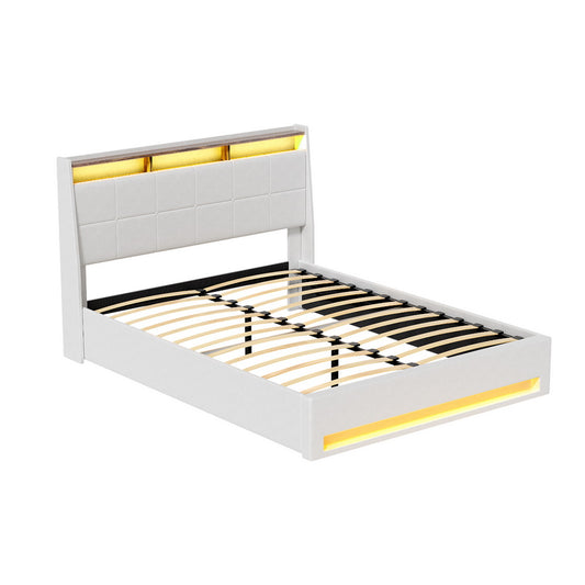 Artiss Bed Frame Gas Lift LED Beds Base Platform White PVC Leather Storage Headboard - Double BFRAME-G-SUNSET-D-WH-ABC
