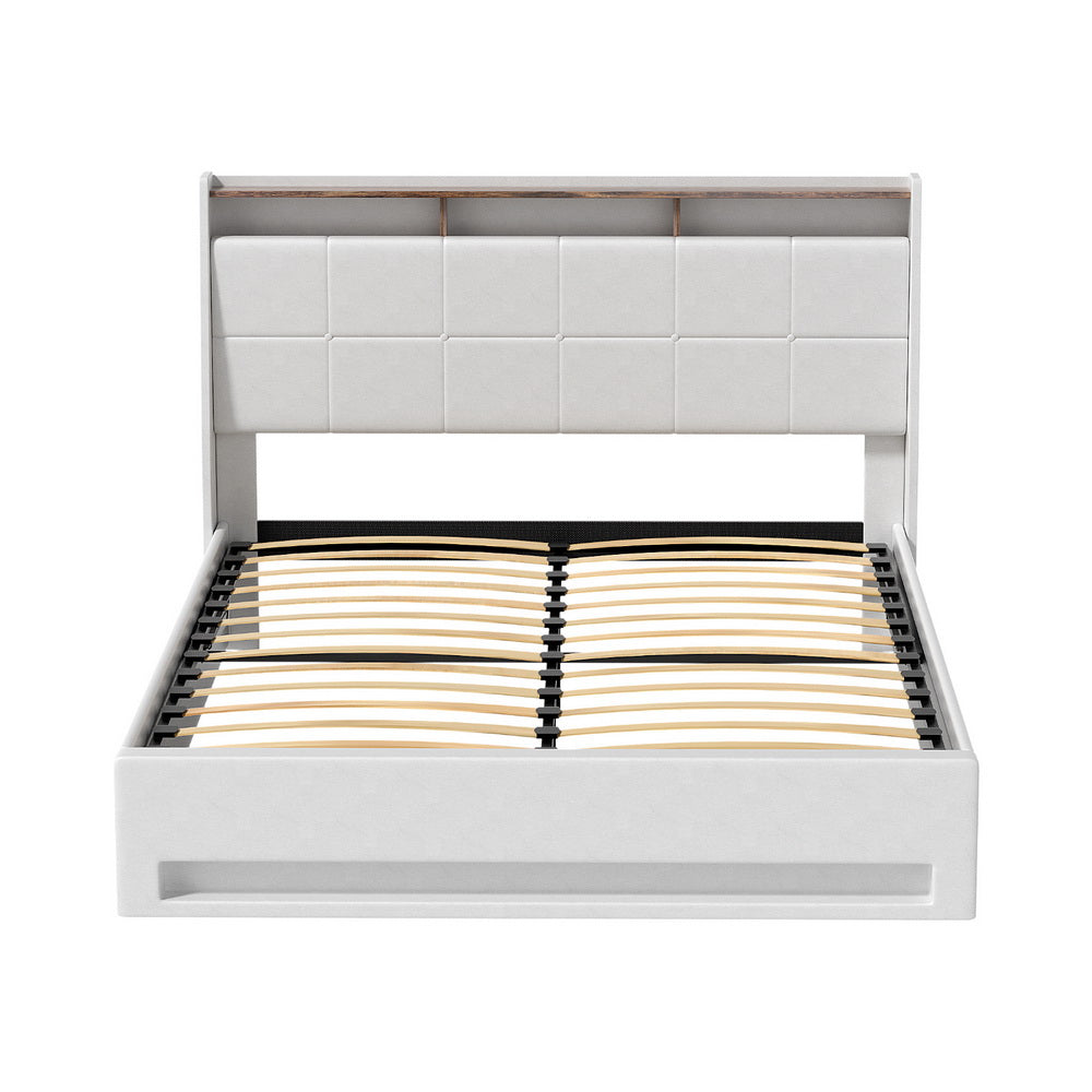 Artiss Bed Frame Gas Lift LED Beds Base Platform White PVC Leather Storage Headboard - Double BFRAME-G-SUNSET-D-WH-ABC