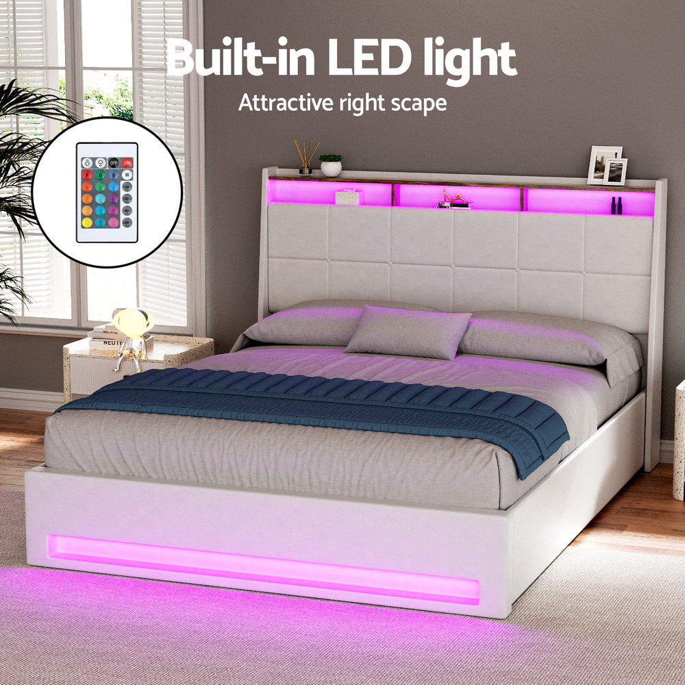 Artiss Bed Frame Gas Lift LED Beds Base Platform White PVC Leather Storage Headboard - Double BFRAME-G-SUNSET-D-WH-ABC