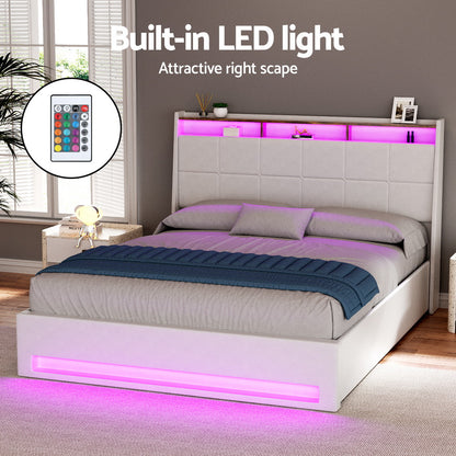 Artiss Bed Frame Gas Lift LED Beds Base Platform White PVC Leather Storage Headboard - Double BFRAME-G-SUNSET-D-WH-ABC