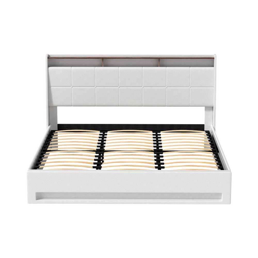 Artiss Bed Frame Gas Lift LED Beds Base Platform White PVC Leather Storage Headboard - King BFRAME-G-SUNSET-K-WH-ABC