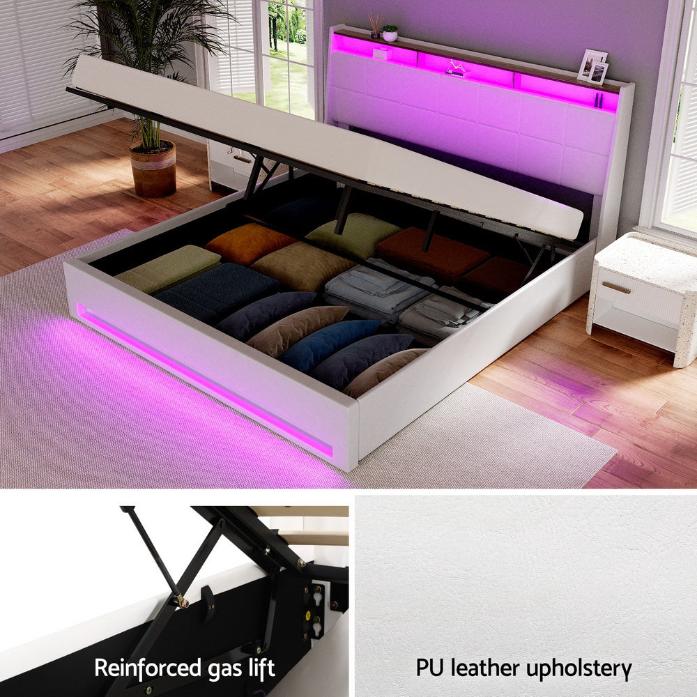 Artiss Bed Frame Gas Lift LED Beds Base Platform White PVC Leather Storage Headboard - King BFRAME-G-SUNSET-K-WH-ABC