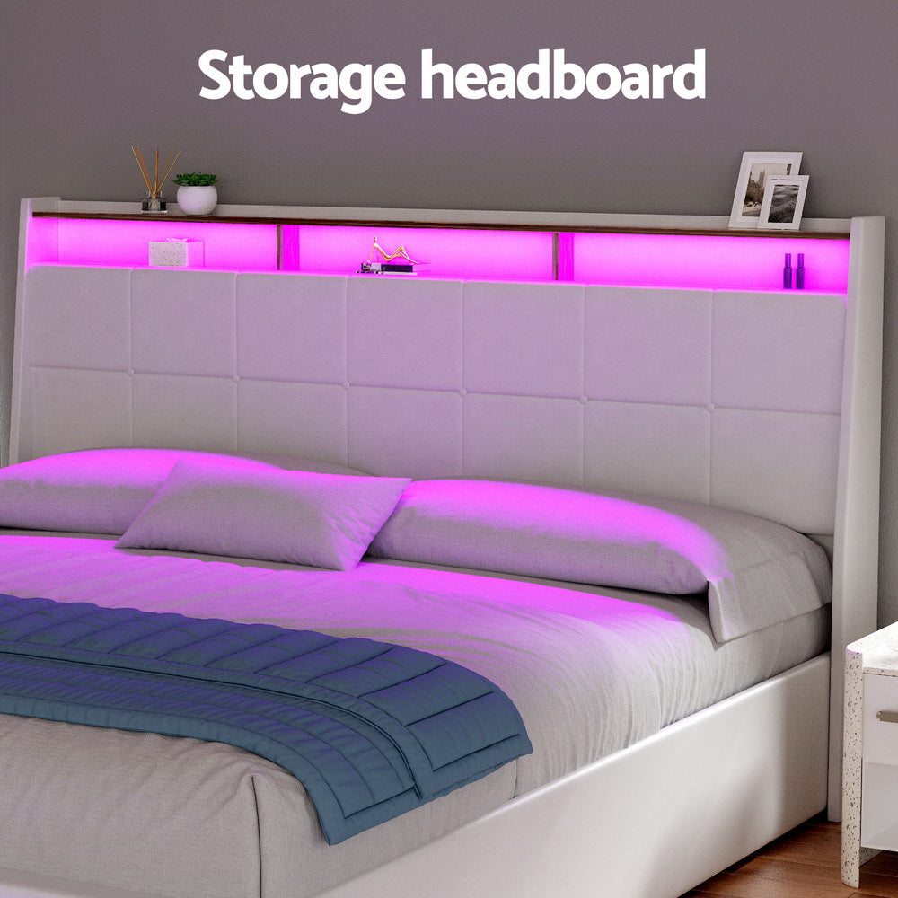 Artiss Bed Frame Gas Lift LED Beds Base Platform White PVC Leather Storage Headboard - King