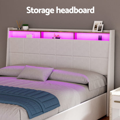 Artiss Bed Frame Gas Lift LED Beds Base Platform White PVC Leather Storage Headboard - Queen BFRAME-G-SUNSET-Q-WH-ABC