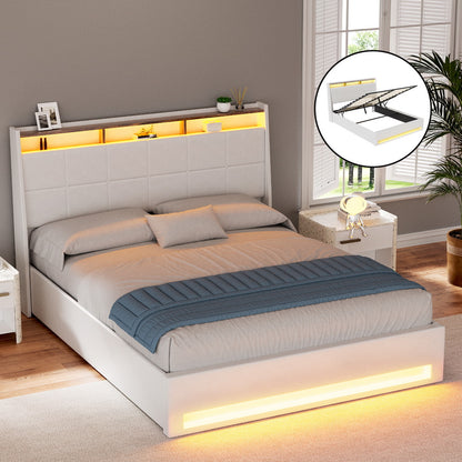Artiss Bed Frame Gas Lift LED Beds Base Platform White PVC Leather Storage Headboard - Queen BFRAME-G-SUNSET-Q-WH-ABC