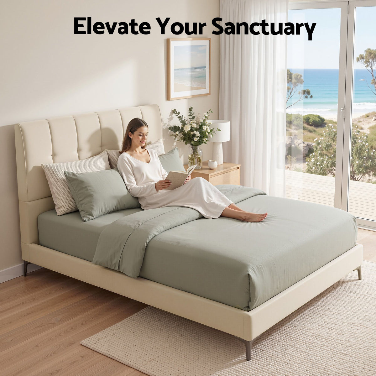 Artiss ZENITH Queen Upholstered Bed Frame – Cream White