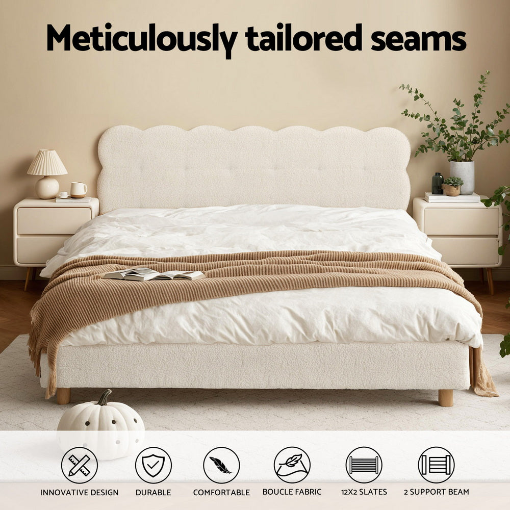 Artiss Double Bed Frame Cloud Headboard Boucle Fabric Mattress Platform Base White BFRAME-H-CLOUD-D-WH-AB