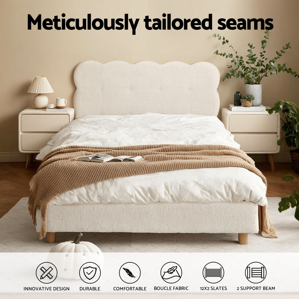 Artiss King Single Bed Frame Cloud Headboard Boucle Fabric Mattress Platform Base White BFRAME-H-CLOUD-KS-WH-AB