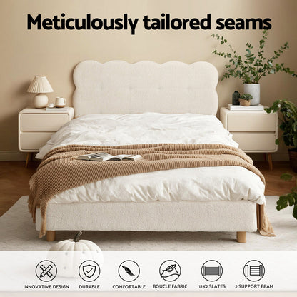 Artiss King Single Bed Frame Cloud Headboard Boucle Fabric Mattress Platform Base White BFRAME-H-CLOUD-KS-WH-AB