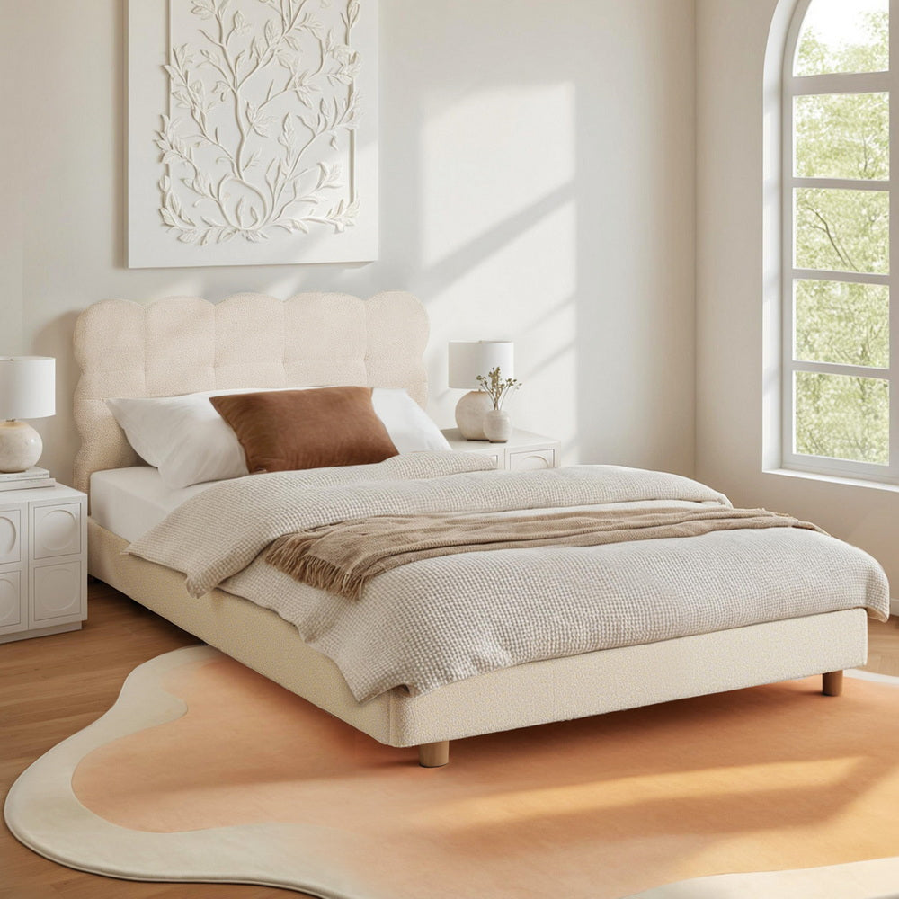 Artiss King Single Bed Frame Cloud Headboard Boucle Fabric Mattress Platform Base White BFRAME-H-CLOUD-KS-WH-AB