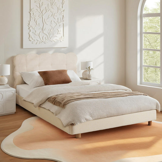 Artiss King Single Bed Frame Cloud Headboard Boucle Fabric Mattress Platform Base White BFRAME-H-CLOUD-KS-WH-AB