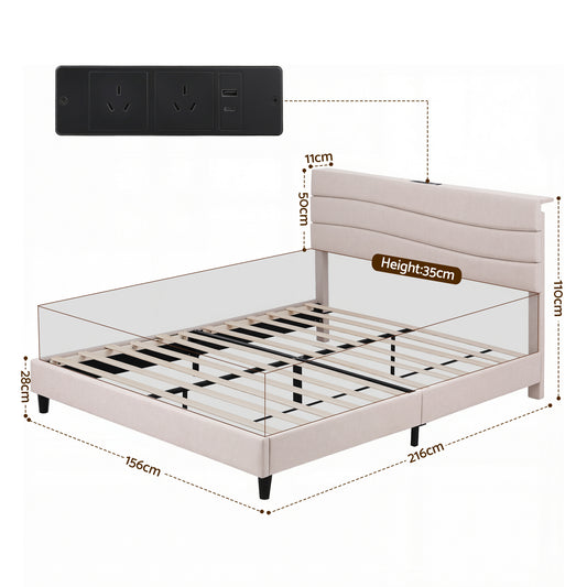 Artiss Queen Bed Frame with Storage Adjustable Headboard Platform Base Linen Fabric Charging Ports BFRAME-H-COZEY-Q-BG-AB