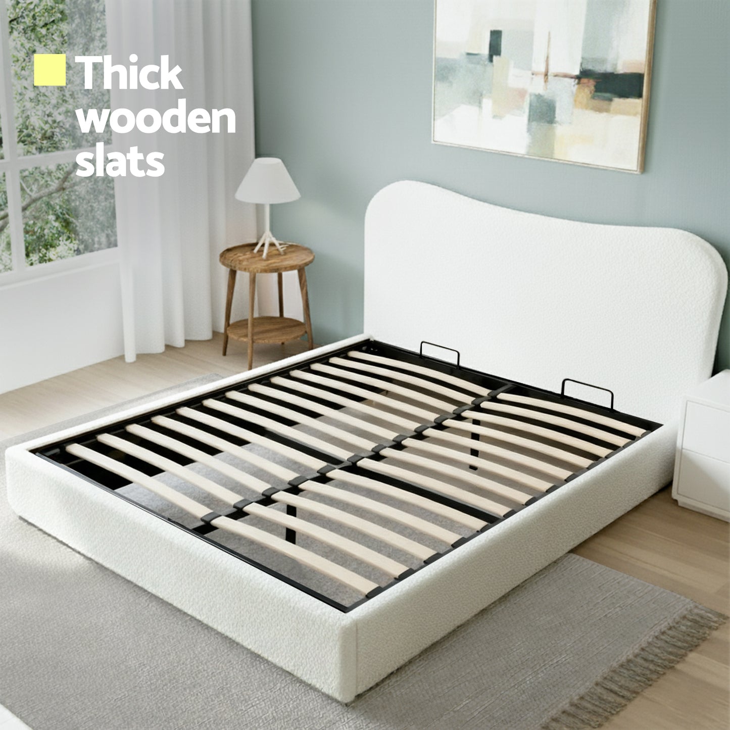 Artiss Double Bed Frame with Gaslift Storage Wooden Platform Mattress Base Boucle Upholstered White BFRAME-H-DARAGS-D-WH-ABC
