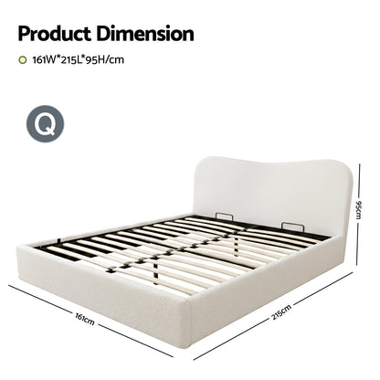 Artiss Queen Bed Frame with Gaslift Storage Wooden Platform Mattress Base Boucle Upholstered White BFRAME-H-DARAGS-Q-WH-ABC