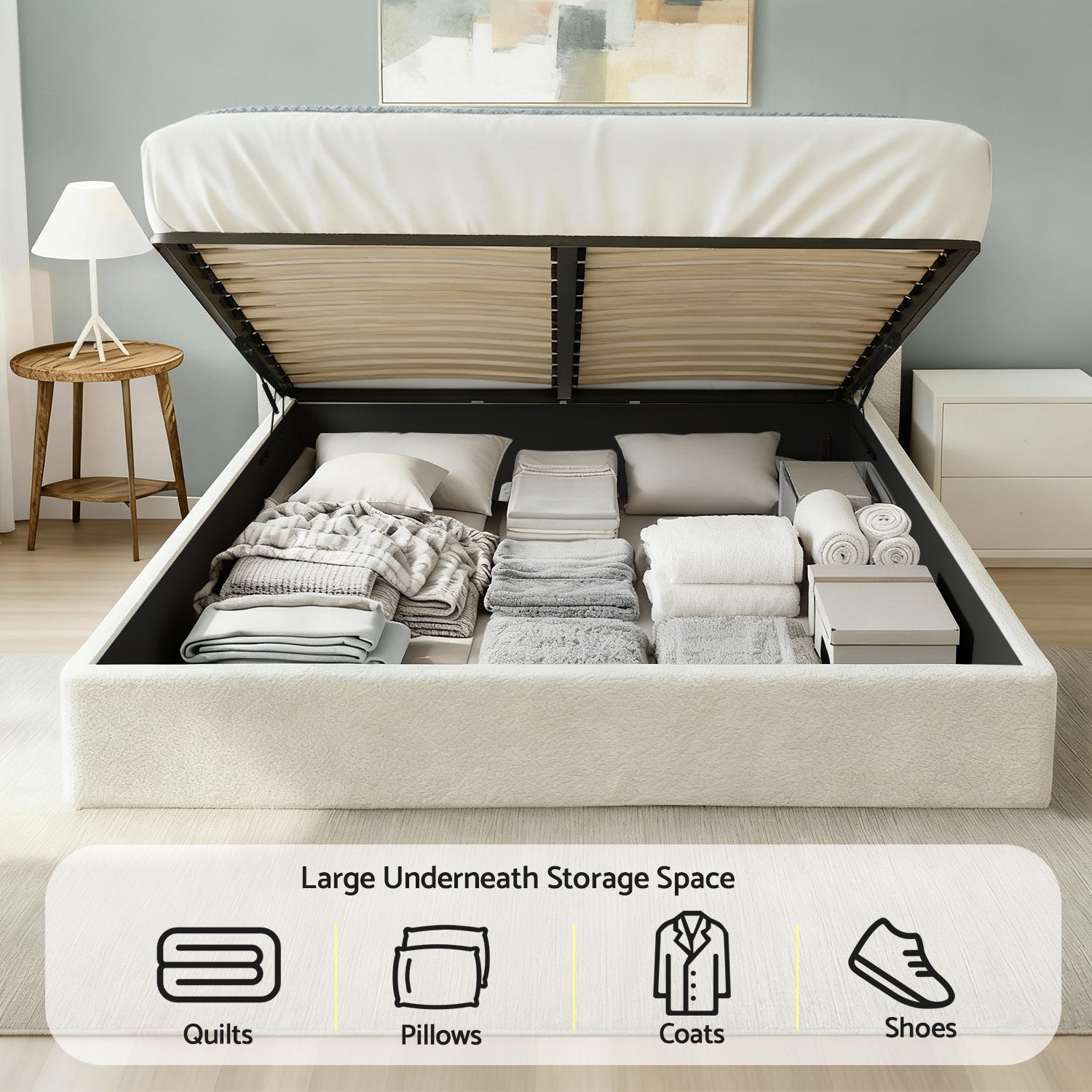 Artiss DARAGS Beige White Queen Boucle Gas Lift Bed Frame