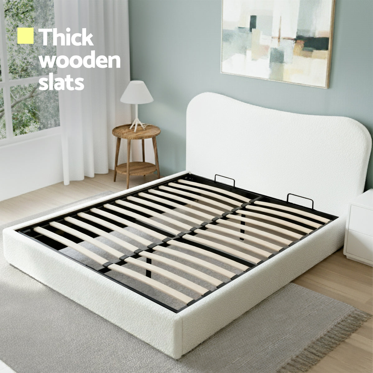 Artiss DARAGS Beige White Queen Boucle Gas Lift Bed Frame