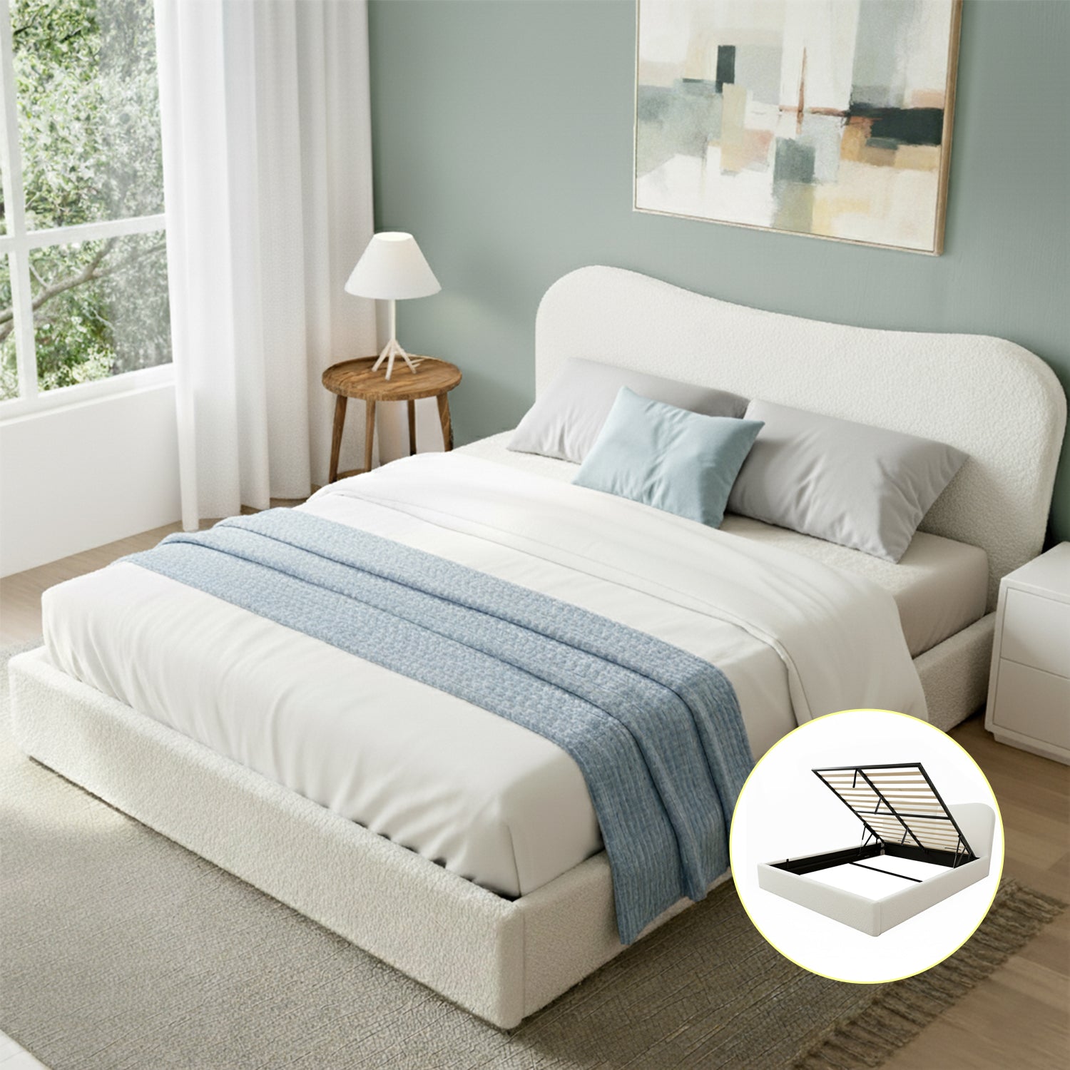 Artiss DARAGS Beige White Queen Boucle Gas Lift Bed Frame